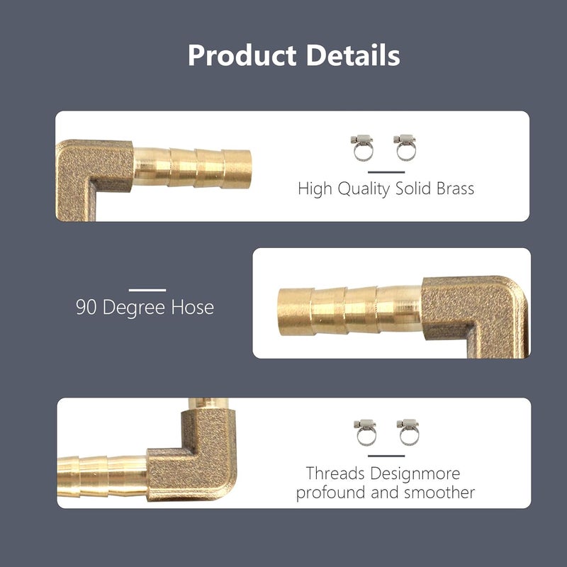 AUXBC 2Pcs 1/2Inch 90 Degree Brass Hose Barb, L Right Angle Brass Barb Elbow Connector Fitting with 4Pcs Hose Clamps for Fuel, Air, Water, Oil, Gas(12mm) - Image 4